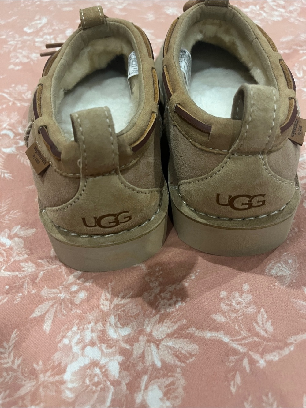 UGG Tan Suede Moccasin Platform Slippers with Shearling - Picture 2 of 6